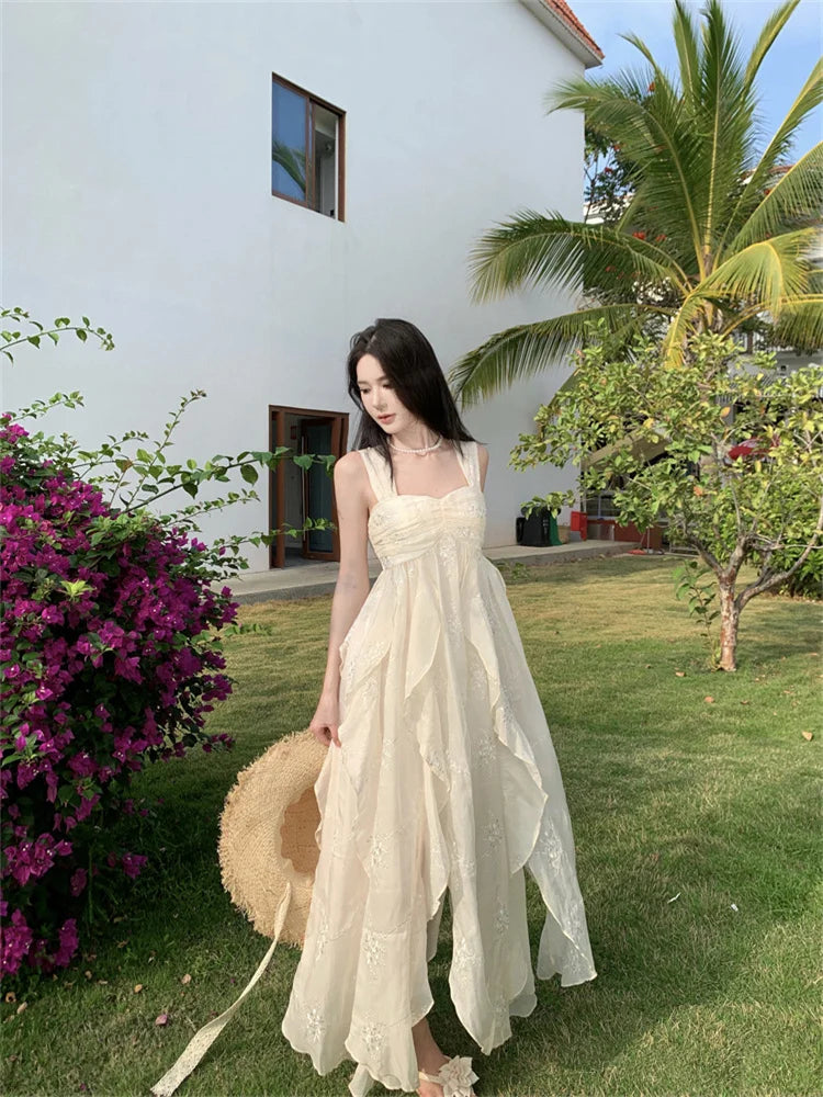 mvrsgreen Beach Holiday Elegant Party Long Dresses for Women  Summer New Korean Fashion Sundress Embroidery Sleeveless Female Clothing