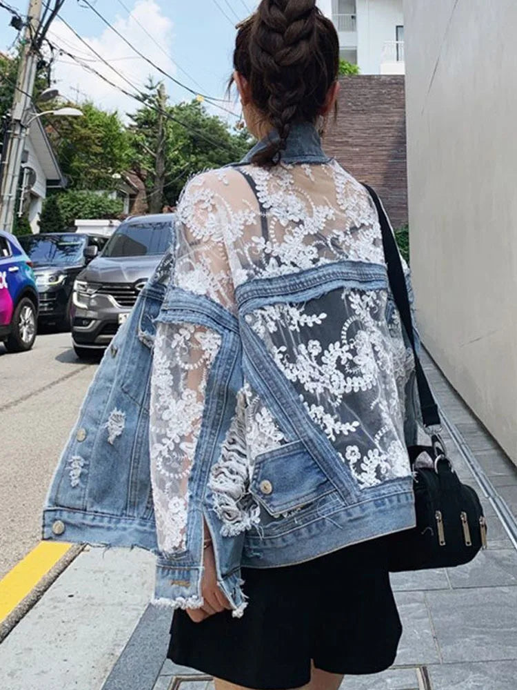 mvrsgreen Embroidered Perforated Women's Denim Jacket, Women's Summer Lace Patchwork Sun Protection Suit Woman Coat Jean Jacket For Women