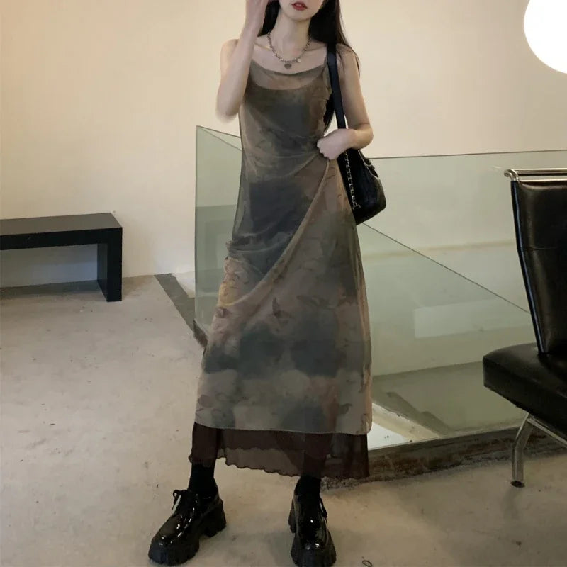 mvrsgreen Y2K Tie-dye Gauze Suspender Dress Women  Spring Korean Retro Strapless Mid-length Dress + Black Knitted Cardigan Two-piece Suit