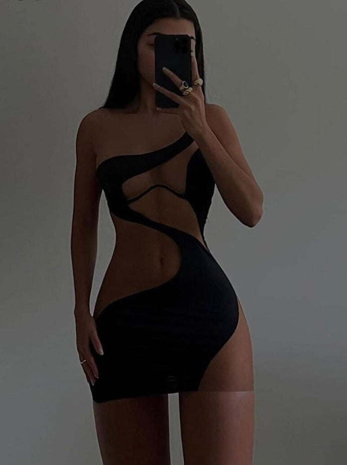 Patchwork Mini Dress Women Sexy Mesh One Shoulder High Waist Robe Girl Hot Bodycon Party Clubwear Female Midnight Skirt