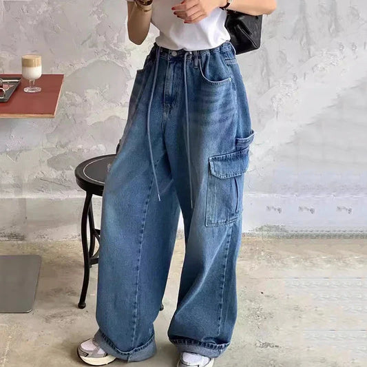 mvrsgreen Vintage Multi-pocket Washed Loose Wide Leg Jeans Women 2024 Summer New High Waist Lace-up Casual Denim Cargo Pants