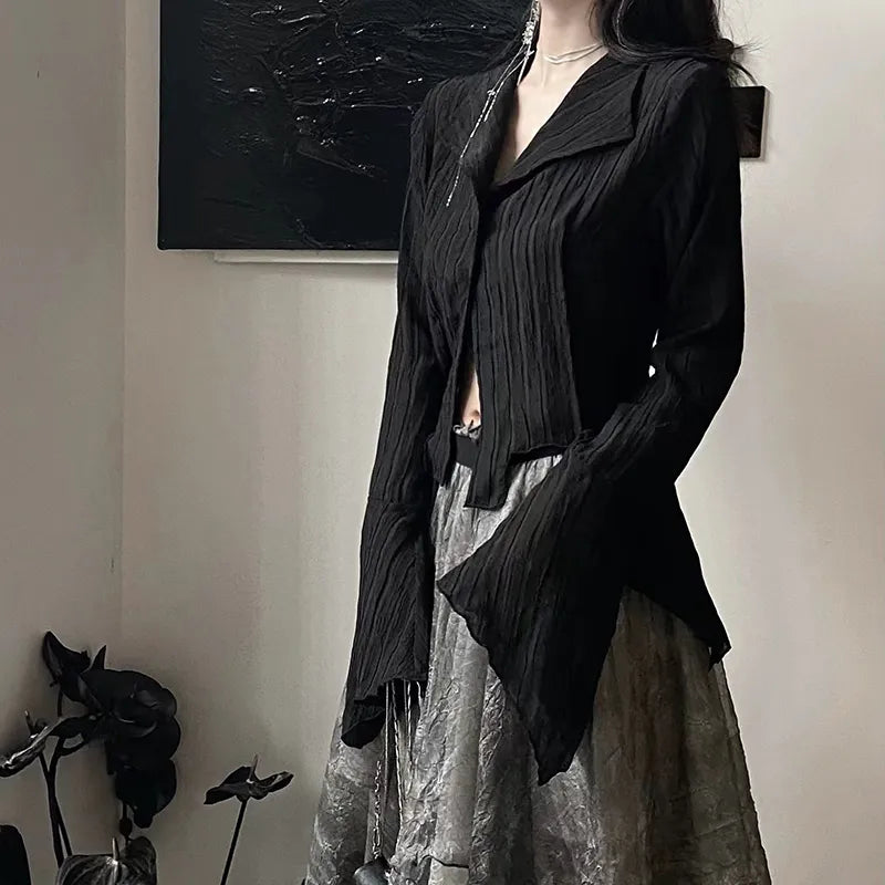 mvrsgreen - Gothic Women Black Shirts Korean Dark Academic Female Designed Irregular Tops Spring Fashion Streetwear Y2K Blouse