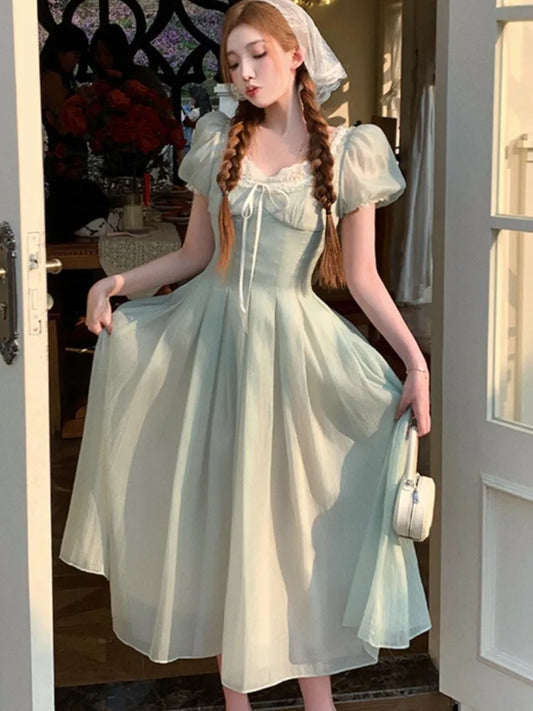 mvrsgreen French Vintage Court Style Princess Dresses Summer Elegant Puff Sleeve Evening Party Vestidos Women Corset A-line Robe