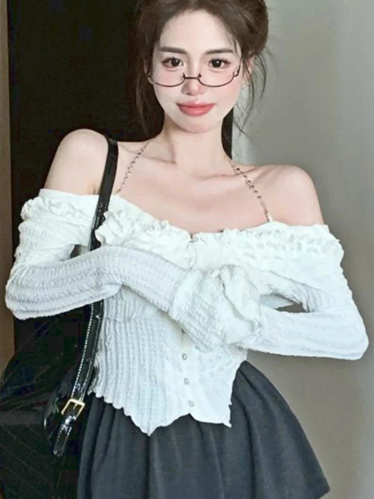 mvrsgreen Autumn White Sexy Kawaii Blouse Women Korean Fashion Elegant Party Slim Tops Female Ruffle Flounce Designer Casual Blouse