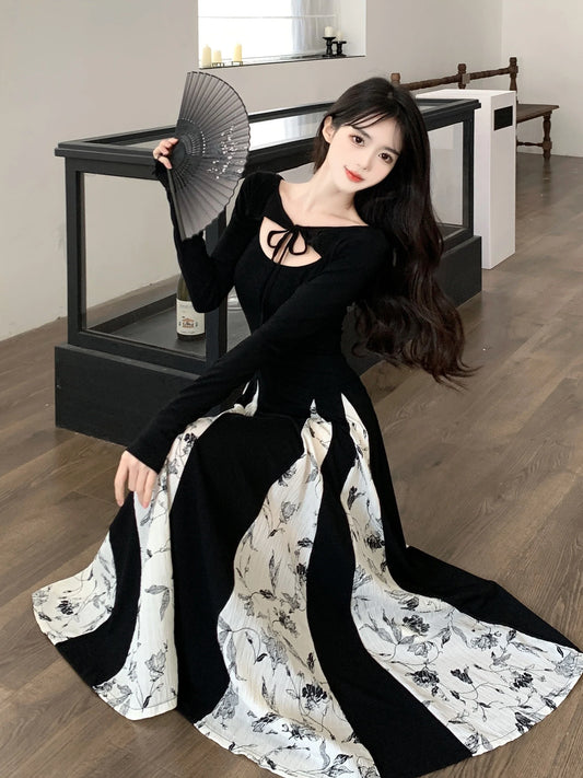 mvrsgreen Vintage Knitted Patchwork Floral Dress Irregular Design Sense Hepburn Wind Sweet Fashion Slim Summer New Black Long Dresses