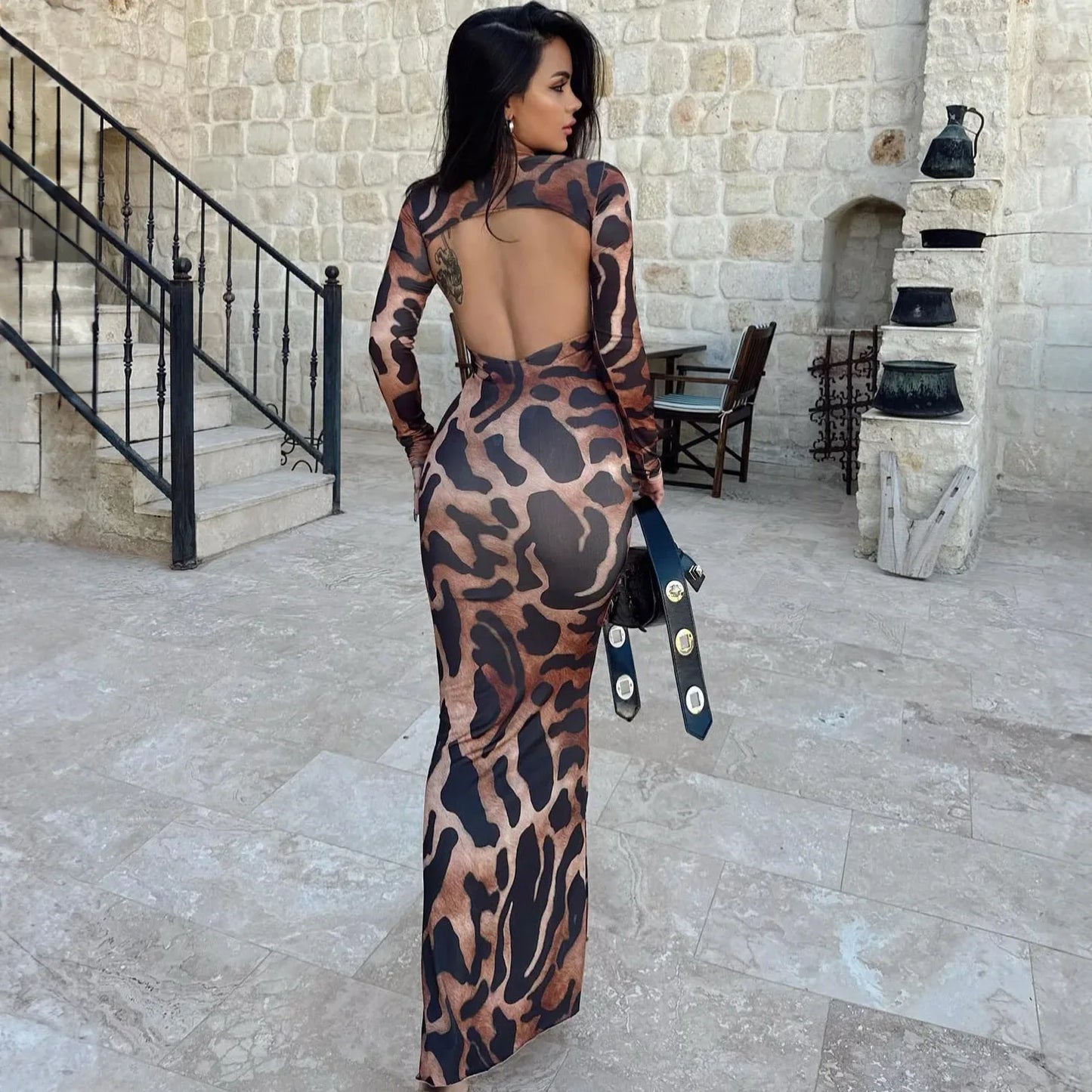 mvrsgreen Cut Out Backless Long Sleeve Maxi Dresses For Women  Elegant Sexy Winter Party Leopard Print Bodycon Dress