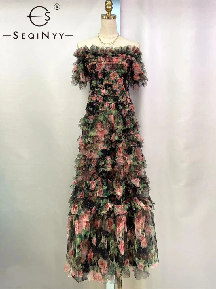 mvrsgreen Elegant Midi Dress Summer Spring New Fashion Design Women Runway High Street Vintage Flower Print Elastic A-Line Party