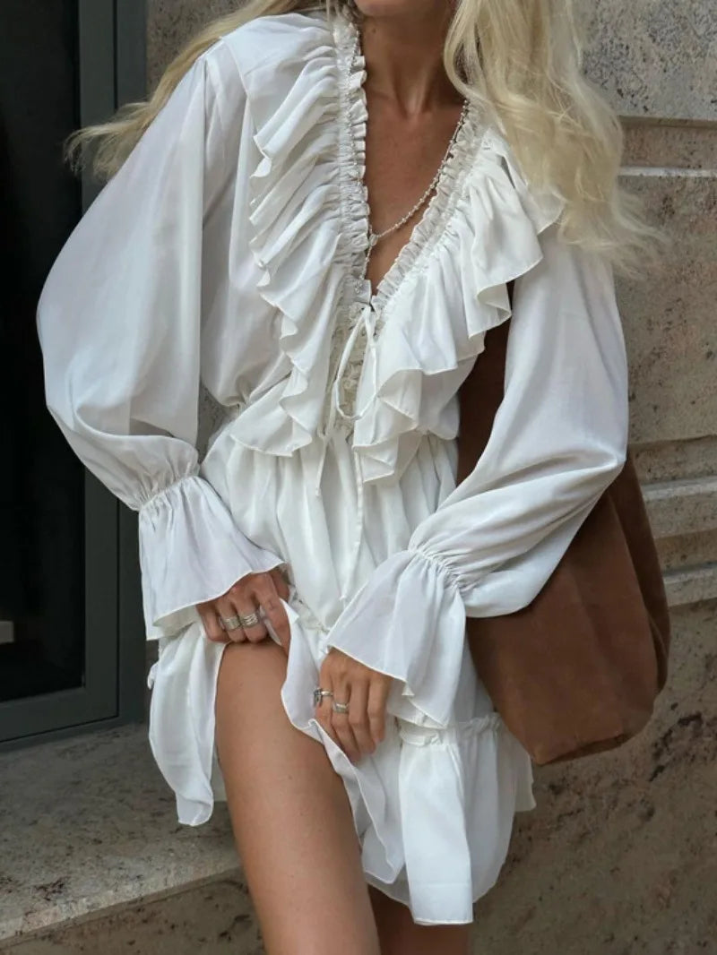 mvrsgreen  Fashion V-neck Ruffles White Short Dress Streetwear Woman Spring High Waist Bandage Tunics A-line Party Dresses Female