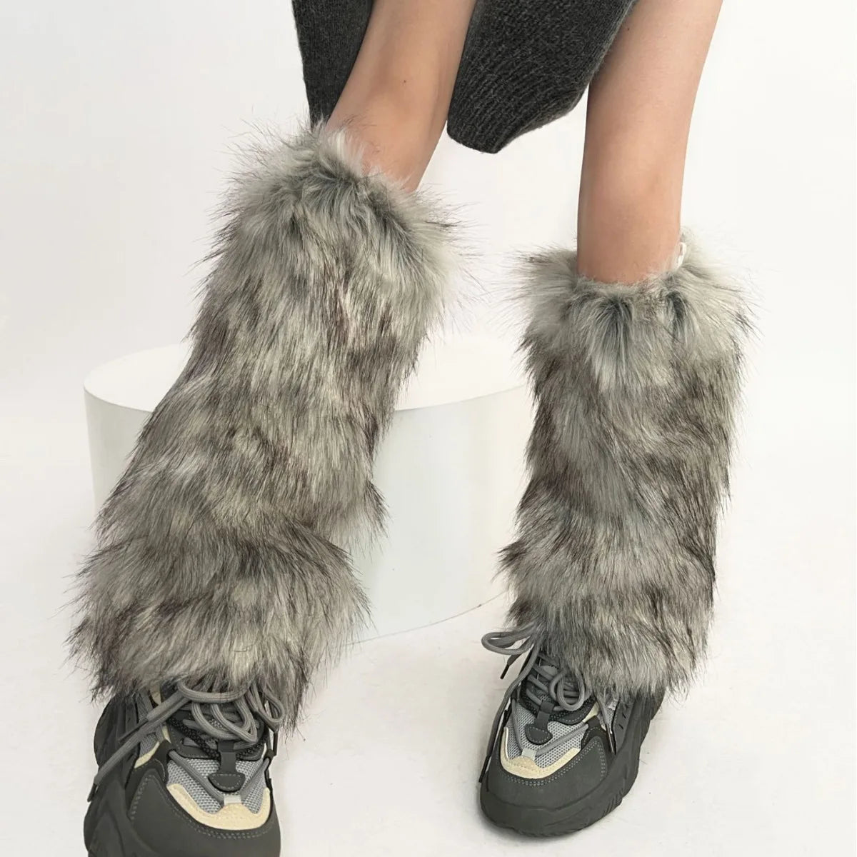 mvrsgreen Vintage Imitation Faux Fur Leg Warmers Retro Modern Y2k Brown Winter Warm Boots Cover Socks Punk Jk Knee-length Party Sock