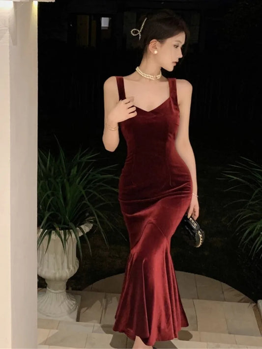 mvrsgreen Elegant Burgundy Party Prom Dress Spring Summer Solid Sleeveless Velvet Wedding Robe Lady Bodycon Spaghetti Strap Vestido Mujers