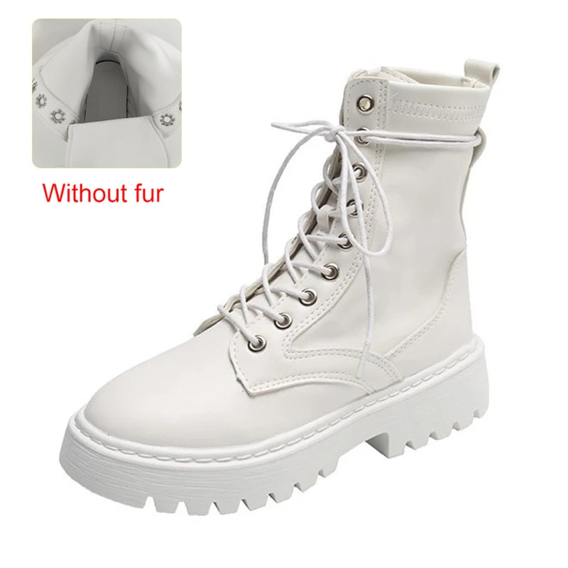 Rimocy White Black PU Leather Ankle Boots Women Autumn Winter Round Toe Lace Up Shoes Woman Fashion Motorcycle Platform Botas