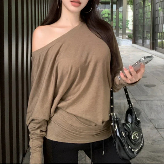 mvrsgreen Skew Collar Strapless Solid Color Long-sleeved T-shirt Women 2024 Autumn New Streetwear Pleated Loose Casual Mid-length Tops