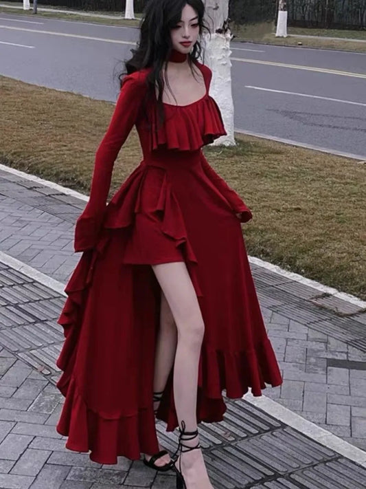 mvrsgreen New Spring Red Vintage Elegant Long Sleeve Dresses Women Irregular Ruffles Retro Princess Evening Party Dress Prom Robe