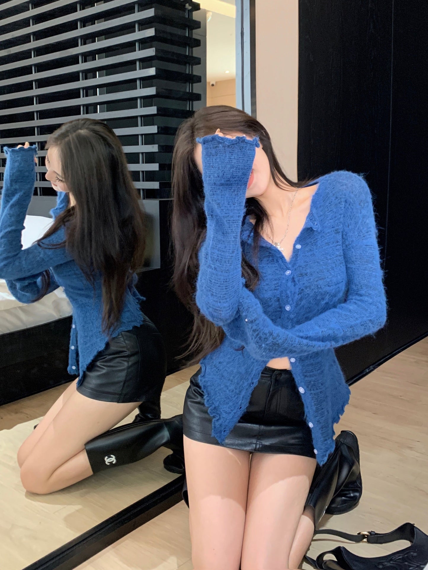 mvrsgreen Korean Fashion Blue Slim Cardigan Knitted Sweater Women Winter New In Elegant Knitting Button Coat 2000s Clothes