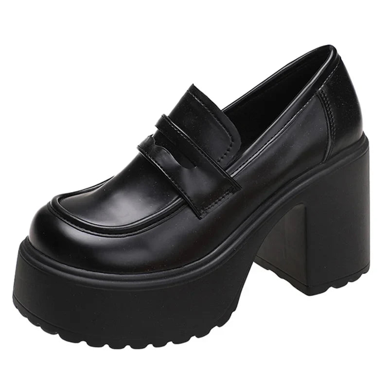 mvrsgreen Black White Chunky Platform Loafers Women Autumn Thick High Heel Pumps Woman Slip On Pu Leather Goth Shoes Female