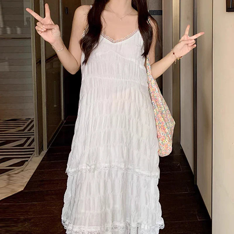 mvrsgreen  White Lace-up Midi Dresses Sweet Gentle Ruffle Casual Loose Mesh Backless Sleeveless Vacation Summer Women Long Dresses