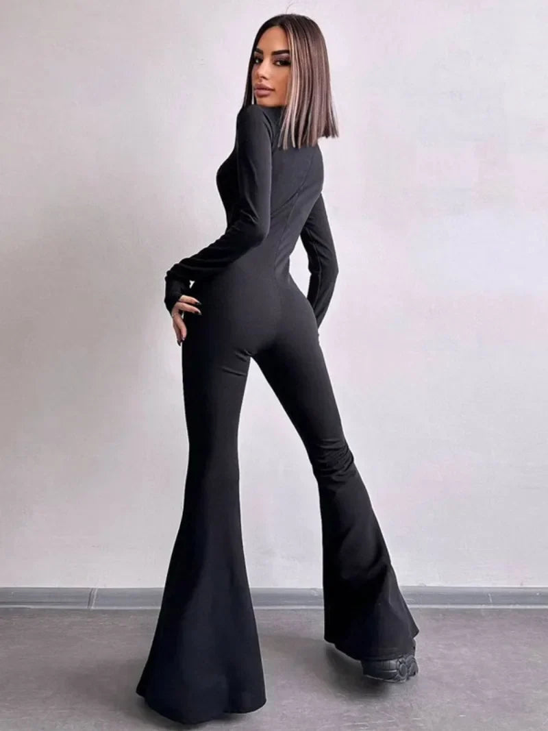 mvrsgreen  Spring Long Sleeve Zip-up Flare Pants Jumpsuits for Women Elegant O-neck High Waist Tunics Slim Overalls Female Streetwear