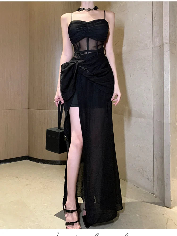 mvrsgreen Elegant Black Long Dresses for Women  Summer New French Sexy Fashion Sleeveless Split Birthday Evening Party Female Clothing