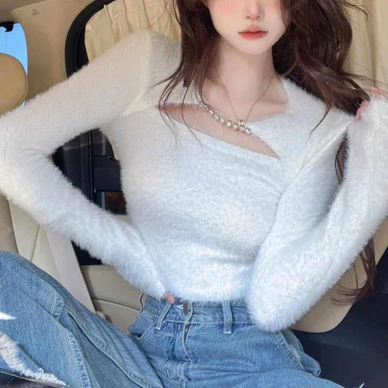 mvrsgreen  Winter for Women Korean Style Retro Warm Soft Cashmere  Hollow Out  Sweater Long-sleeved Slim Sweater Pullover Tops