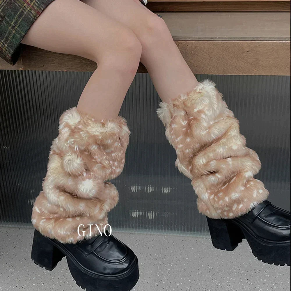 mvrsgreen Winter Faux Fur Plush Reindeer Leg Warmers Kawaii Furry Boots Socks Cover Gothic Punk  High Boots Socks Performance Costume