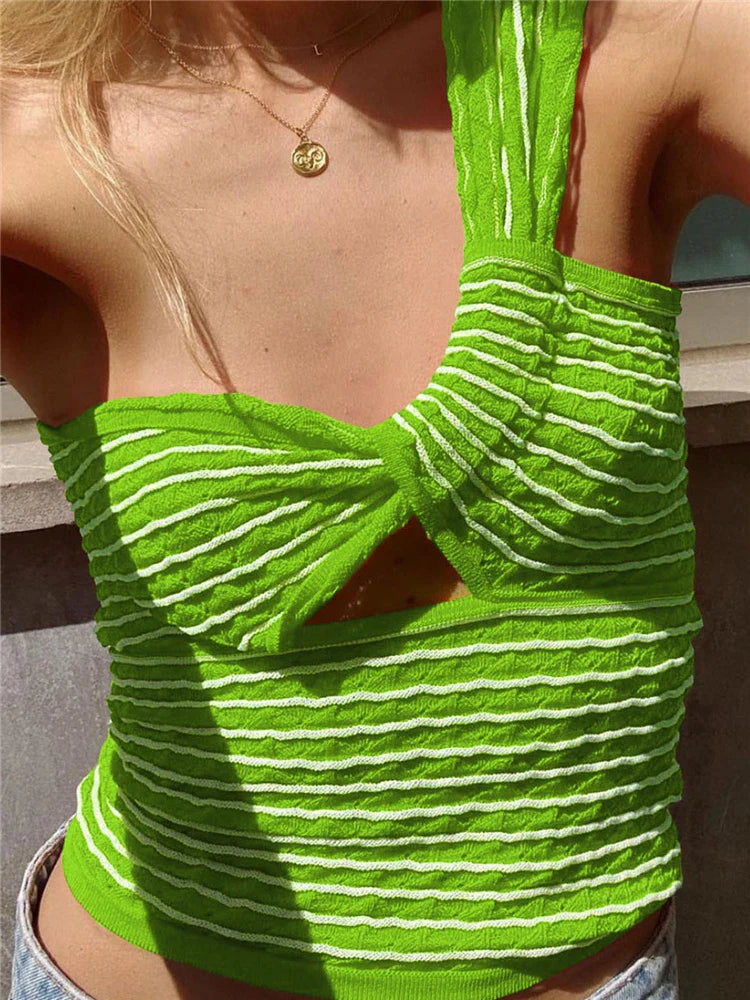 mvrsgreen  One-Shoulder Twist Crochet Top Knitted Summer Party Sleeveless Y2k Bustier Knot Front Cut Out Backless Knit Corset Tops