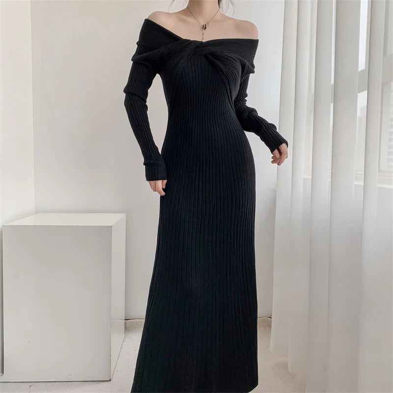 mvrsgreen - New  Autumn Winter Long Sweater Dress Women Slash Neck Cross Elegant Knitted Dresses Rib Cotton Maxi Dresses Female