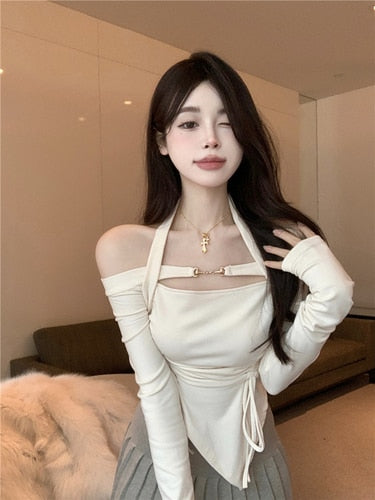 mvrsgreen Drawstring Off Shoulder T Shirt Women Autumn Spring Long Sleeve Aesthetic Korean Slim Halter Crop Tops 2000s Clothes Y2k