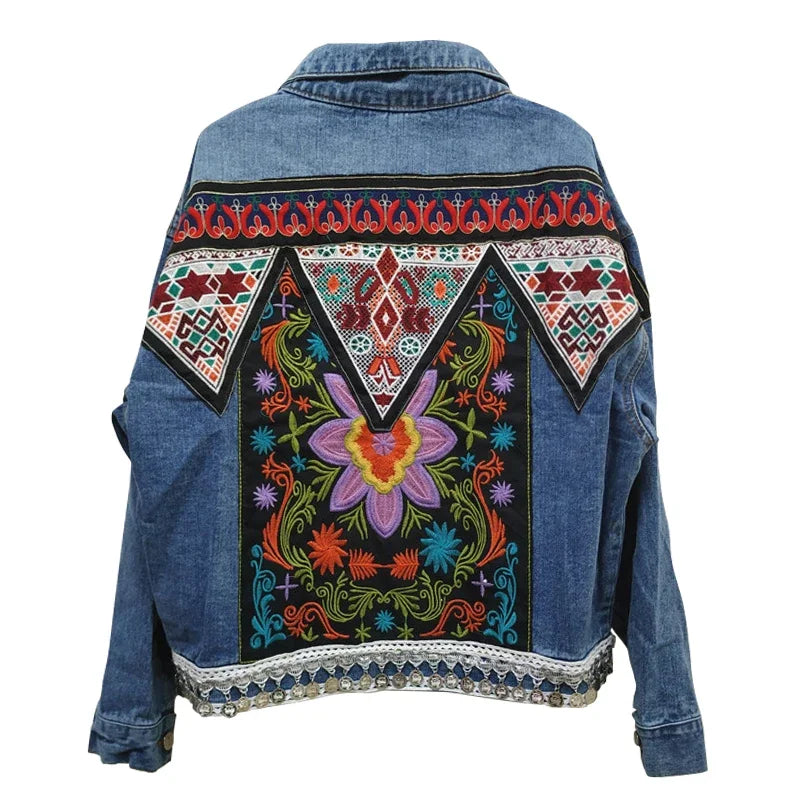 mvrsgreen Boho Denim Jacket for Women Autumn Floral Appliques Embroidery Vintage Coat Long Sleeve Outerwear Female Jacket Coatee