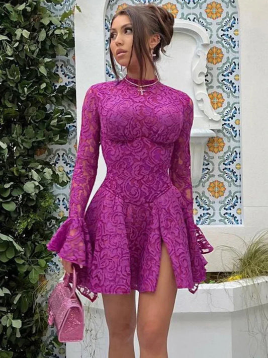 mvrsgreen Spring Evening Party Dress  Sexy Purple Hollow Out Lace Long Sleeve A-line Bandage Backless High Waist Slit Corset Dresses