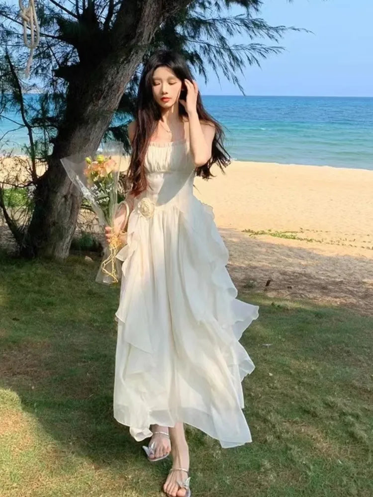 mvrsgreen Elegant Irregular Ruffles Midi Dress Women New Summer Solid Spaghetti Strap Beach Vocation Korean Chic Female Casual Vestidos