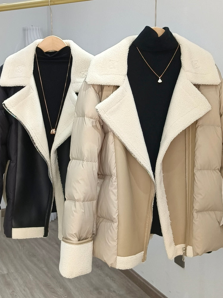 mvrsgreen New Winter Motorcycle Jacket Women High Street Faux Lamb Leather Patchwork White Duck Down Coat Lady Thick Warm PU Outwear