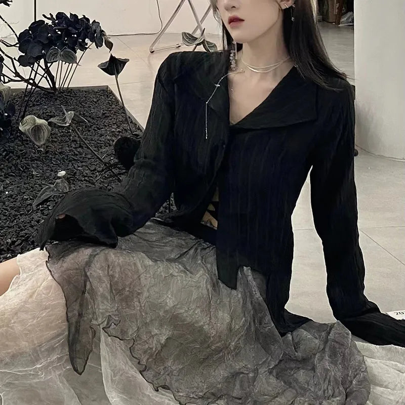 mvrsgreen - Gothic Women Black Shirts Korean Dark Academic Female Designed Irregular Tops Spring Fashion Streetwear Y2K Blouse