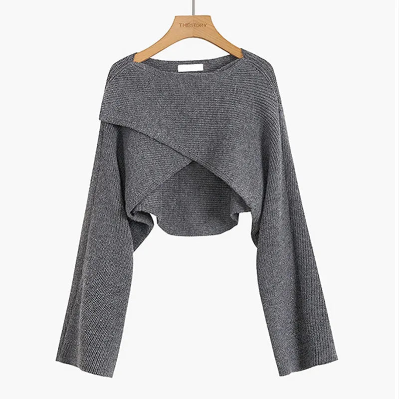 mvrsgreen - Short Pullovers Sweaters Autumn Winter Streetwear Knitted Sweater Women's Long Sleeve Cross Irregular Solid Y2K Tops 22933