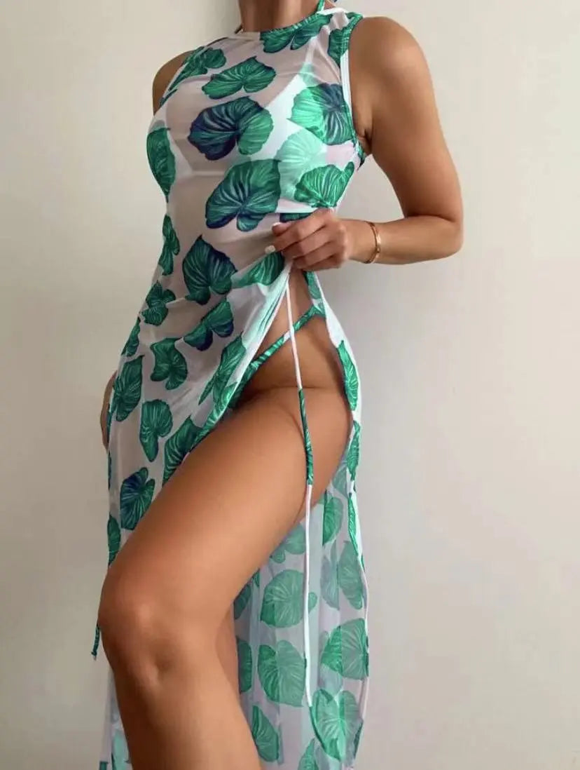 mvrsgreen 3 Pieces Leaf Print Thong Bikini Women With Cover Up Swimwear Female Trikini Swimsuit Bathers Bathing Swimming Suit Summer