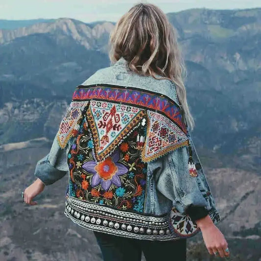 mvrsgreen Boho Denim Jacket for Women Autumn Floral Appliques Embroidery Vintage Coat Long Sleeve Outerwear Female Jacket Coatee