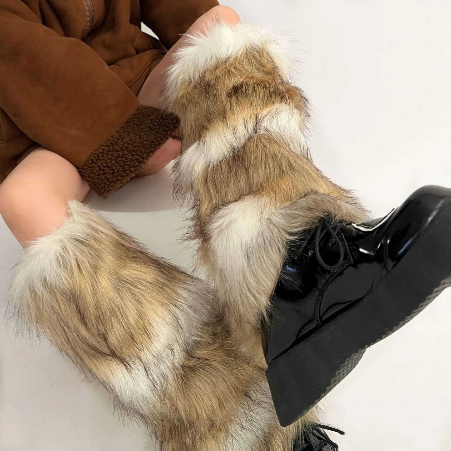 mvrsgreen Vintage Imitation Faux Fur Leg Warmers Retro Modern Y2k Brown Winter Warm Boots Cover Socks Punk Jk Knee-length Party Sock