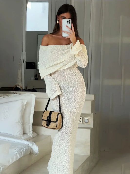 lovwvol - Knit Hollow Out Off-Shoulder Maxi Dress Female Cover up Loose Long Sleeve Holiday Beach Party Dress Women Knitwear Dress