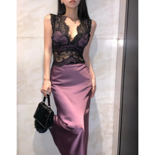 mvrsgreen  Spring New Korean V-neck Sexy Backless Lace Patchwork Satin Elegant Party Dress Women + Black Camisole Two-piece Suit