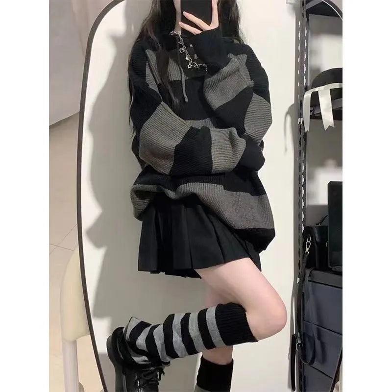 mvrsgreen - Gidyq Women Knitted Sweatshirt Korean Fashion Stripe Female Loose Long Sleeve Sweater Casual Streetwear Jumper Autumn New