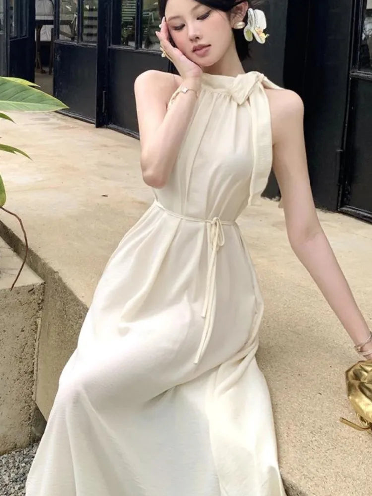 mvrsgreen Elegant Dresses for Women Solid New Summer Holiday Style Halter Sleeveless A-line French Evening Dress Party Prom Robe Vestido