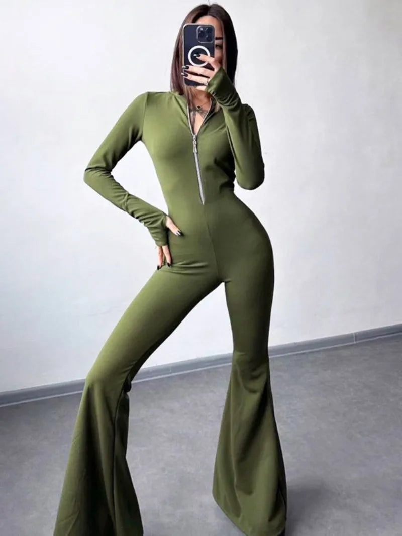 mvrsgreen  Spring Long Sleeve Zip-up Flare Pants Jumpsuits for Women Elegant O-neck High Waist Tunics Slim Overalls Female Streetwear