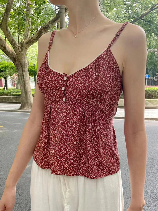 mvrsgreen Vintage Floral Print Button Tank Tops Women Sweet Lace Trim V Neck Cotton Sleeveless Camisoles Summer Cute High Waist Slim Vests