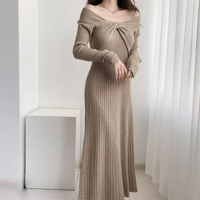 mvrsgreen - New  Autumn Winter Long Sweater Dress Women Slash Neck Cross Elegant Knitted Dresses Rib Cotton Maxi Dresses Female