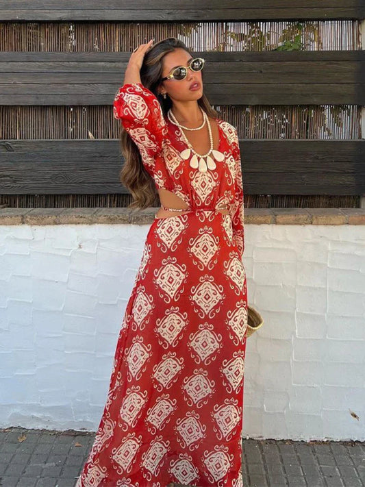 mvrsgreen Women Vintage Print Off Waist Maxi Dress Slim O Neck Lantern Sleeve Backless Lace Up Robe Summer Lady Boho Vacation Vestido