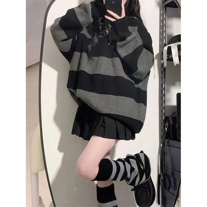 mvrsgreen - Gidyq Women Knitted Sweatshirt Korean Fashion Stripe Female Loose Long Sleeve Sweater Casual Streetwear Jumper Autumn New