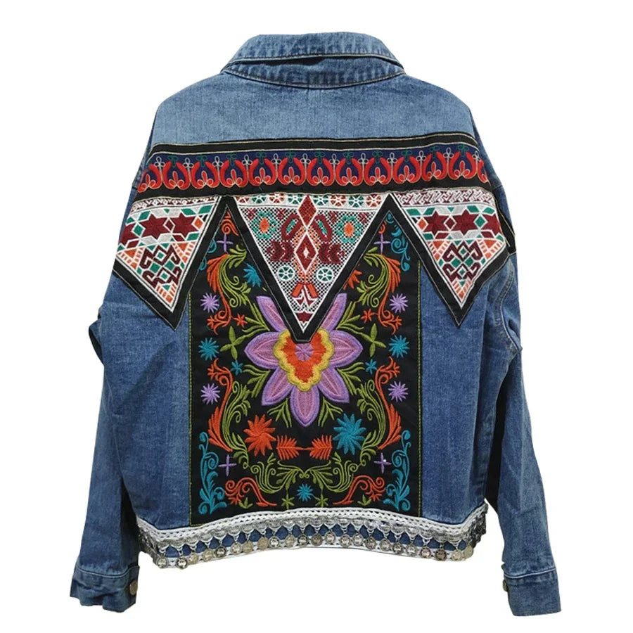 mvrsgreen Boho Denim Jacket for Women Autumn Floral Appliques Embroidery Vintage Coat Long Sleeve Outerwear Female Jacket Coatee