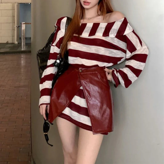 mvrsgreen Autumn New Skew Collar Strapless Contrast Color Striped Loose Long-sleeved T-shirt Women + Leather Skirt Two-piece Suit