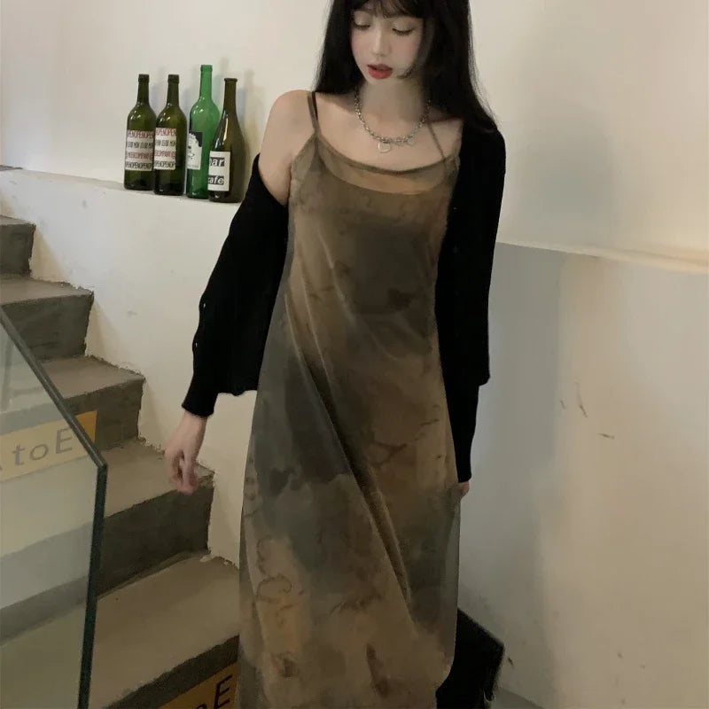 mvrsgreen Y2K Tie-dye Gauze Suspender Dress Women  Spring Korean Retro Strapless Mid-length Dress + Black Knitted Cardigan Two-piece Suit