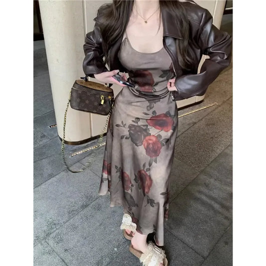 mvrsgreen Autumn New Korean Lapel Solid Color Casual Leather Long-sleeved Jacket Women + Floral Tie-dyed Sling Dress Two-piece Suit