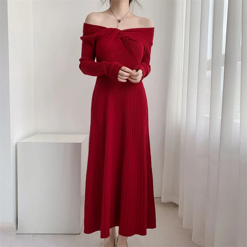 mvrsgreen - New  Autumn Winter Long Sweater Dress Women Slash Neck Cross Elegant Knitted Dresses Rib Cotton Maxi Dresses Female